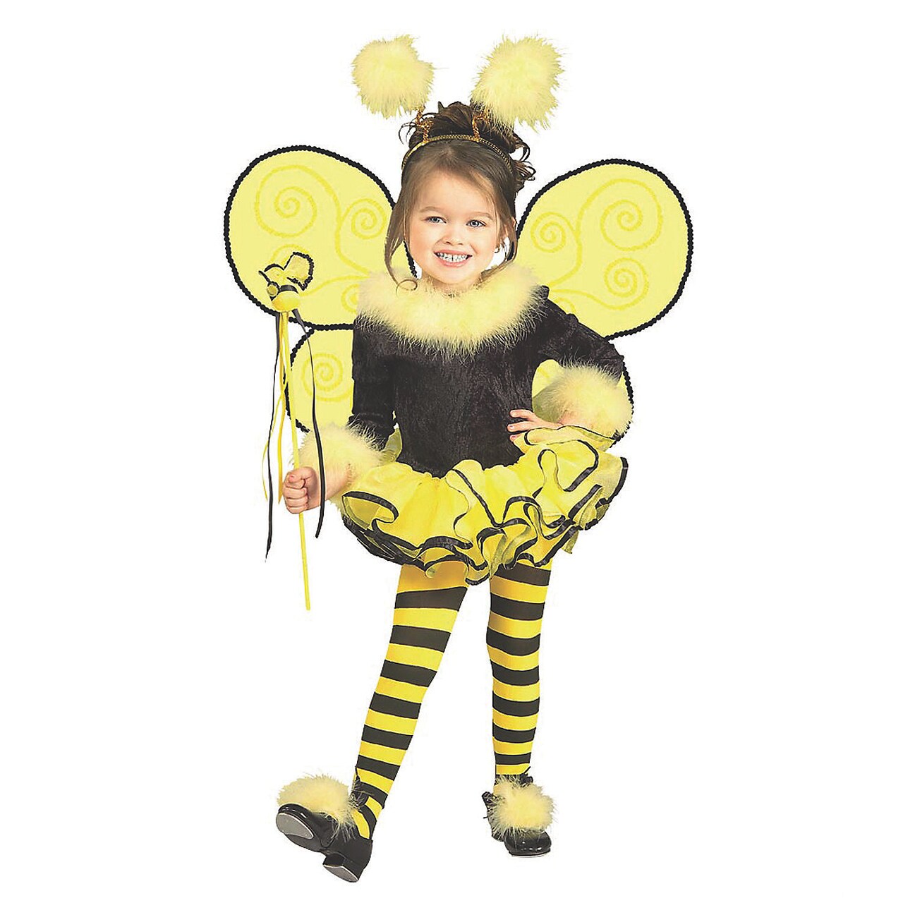 Girls Bumblebee Costume Black Leotard Yellow Tutu with Wings and Wand